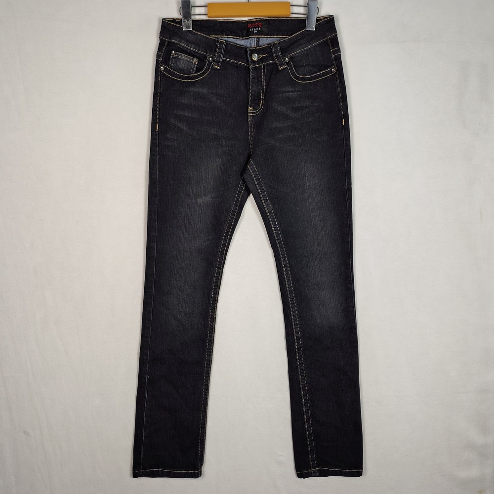 Roxy Jeans Womens 30 Dark Wash Fleur De Lis Rhinestone Straight Leg Denim